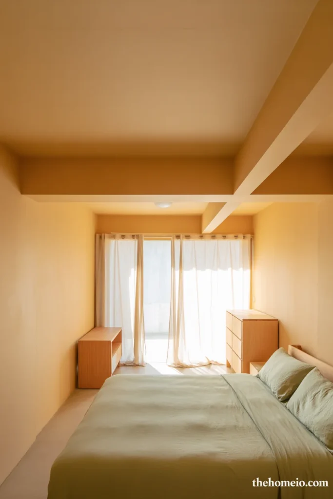 Small apartment bedroom with warm white walls and ceiling same tone pale sage bedding light wood furniture and sheer curtains reading as spacious