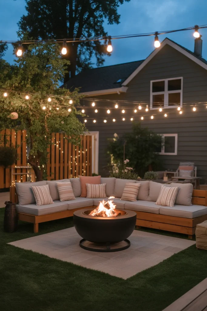 Cozy fire pit patio with warm string lights at night