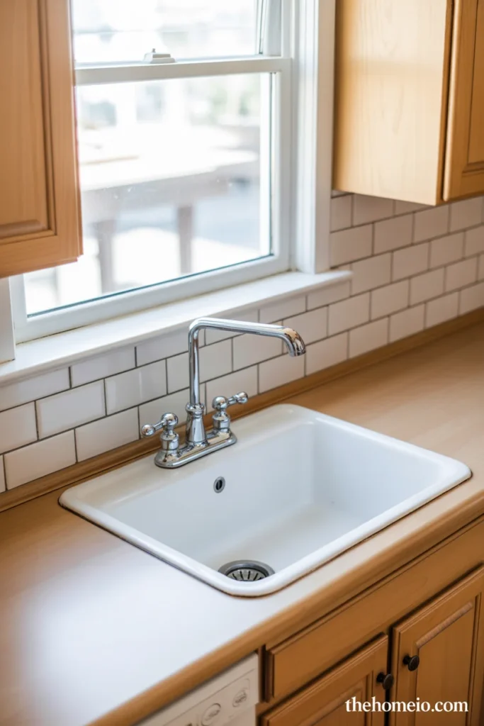 Practical kitchen with white enameled cast iron drop-in sink on laminate countertop chrome faucet and subway tile backsplash