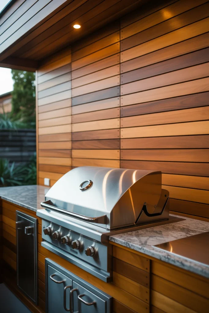 Modern outdoor grill with stainless steel and wood accents