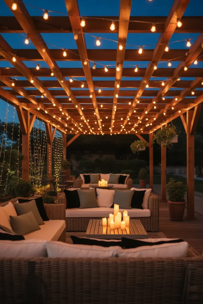 Cozy patio shade structure with string lights
