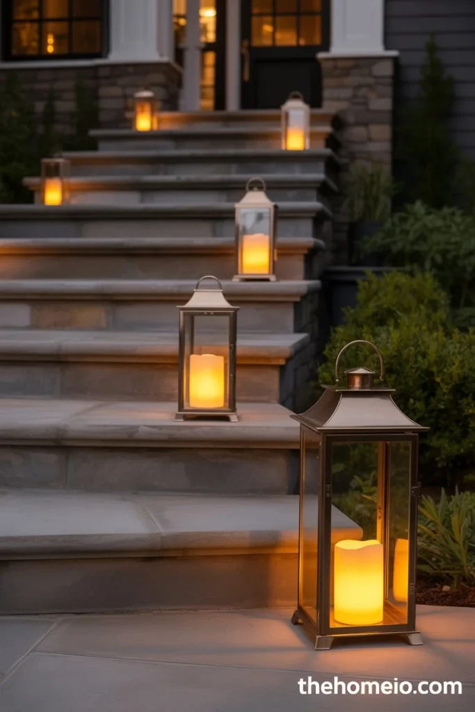 Lanterns decorating front porch steps