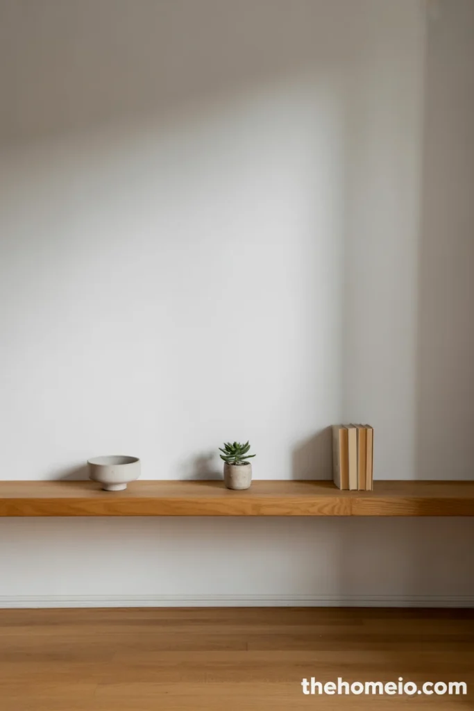 Scandinavian living room with single floating oak shelf holding ceramic bowl small plant and books with deliberate empty space between each object