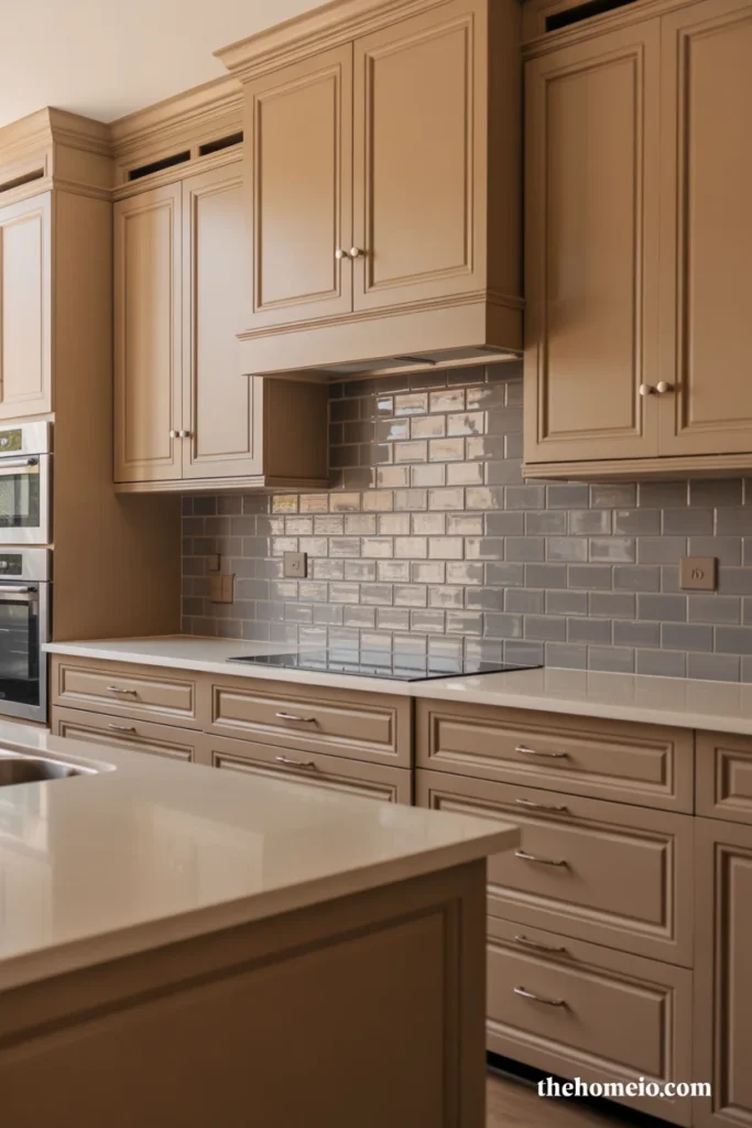 Taupe cabinets with gray backsplash design