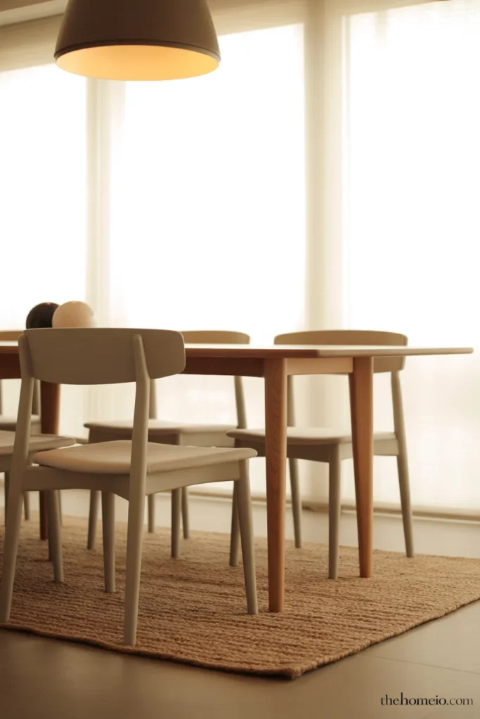 Jute rug under dining table in modern neutral interior
