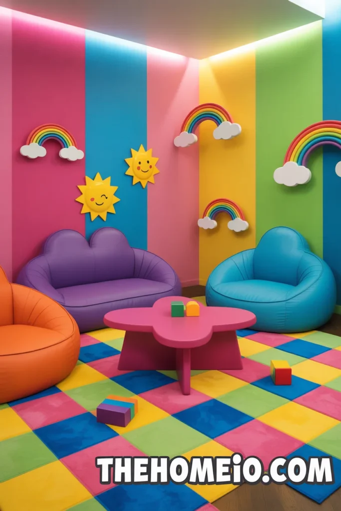Toca Boca rainbow living room ideas with colorful walls bright furniture and playful vibe