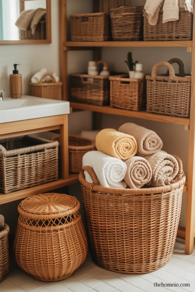Boho bathroom with open wooden shelving holding woven seagrass rattan baskets in varying sizes for towels toiletries and vanity storage