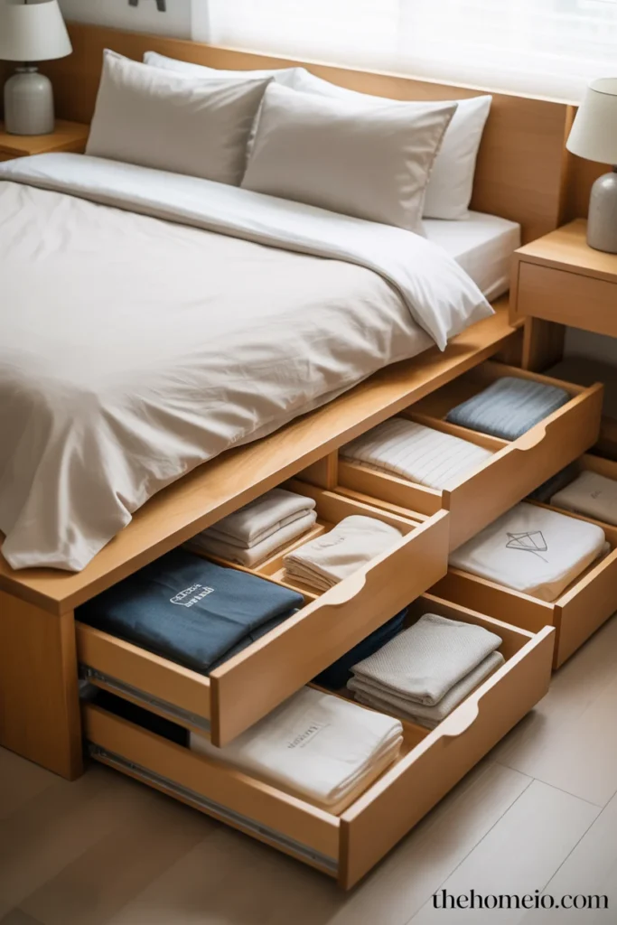 Small apartment bedroom with platform bed showing four built-in storage drawers beneath containing neatly folded clothing and bedding
