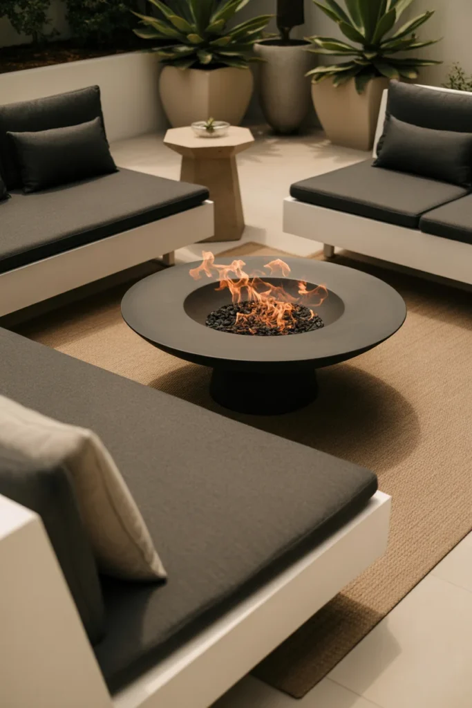 Small patio with compact fire bowl setup