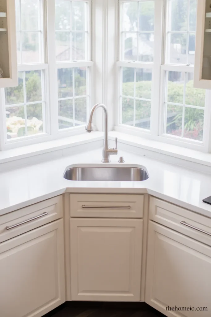 L-shaped kitchen with stainless steel undermount corner sink at junction with counter space on both sides large window above and brushed nickel faucet