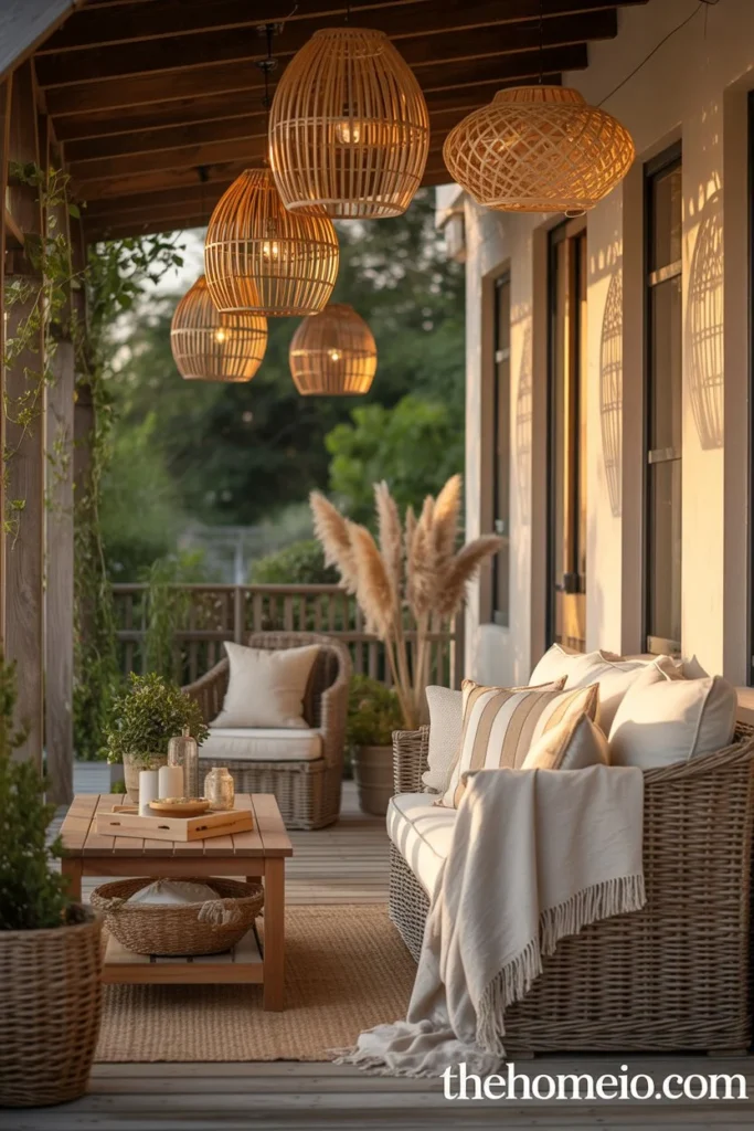 Woven lantern decor on front porch