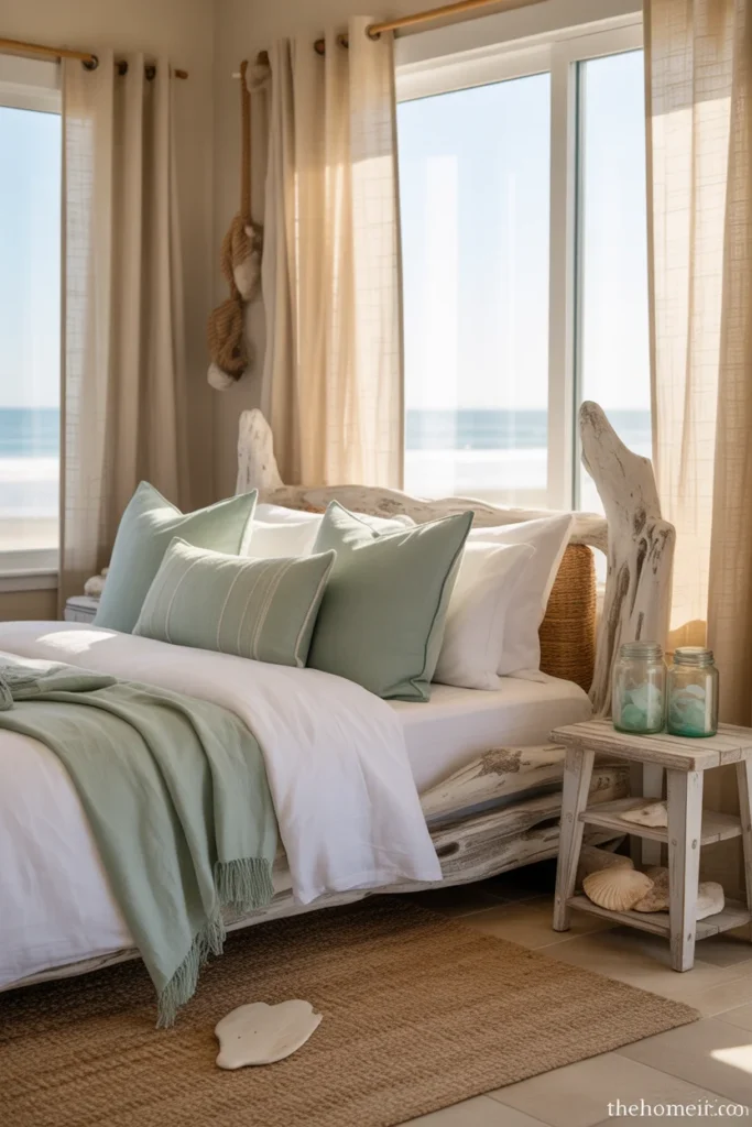Soft ocean-inspired colors in beach house bedroom
