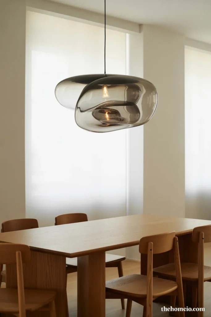 Scandinavian dining room with large sculptural smoked glass pendant above oak dining table four simple chairs and white walls in soft daylight