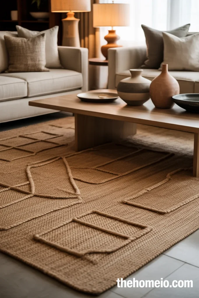 Patterned jute rug in elegant neutral living room