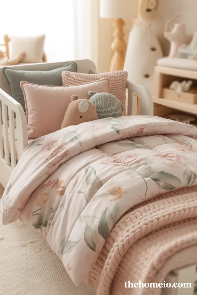 Toddler bed with soft playful bedding and cozy styling