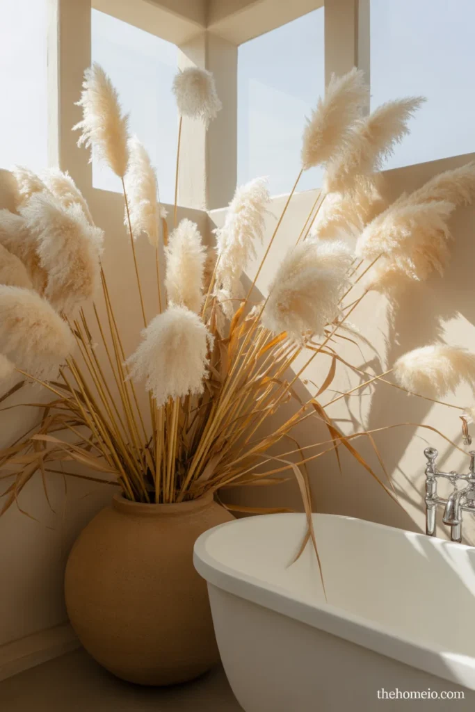 Boho bathroom corner with tall cream pampas grass arrangement in large terracotta vase beside freestanding bathtub
