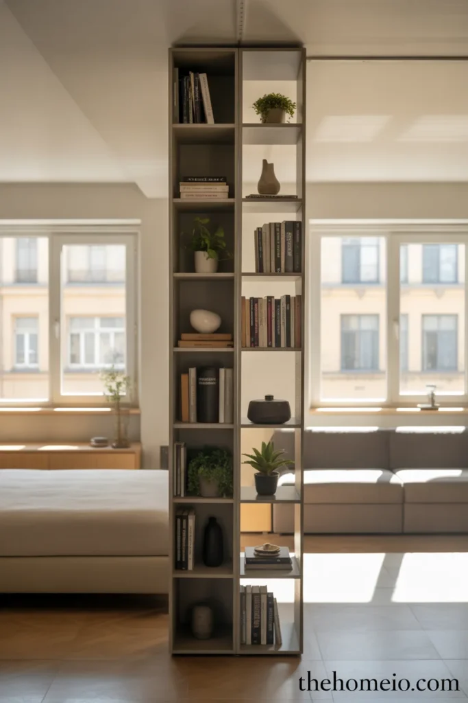 Small studio apartment with open-sided bookcase perpendicular to wall dividing sleeping area from living area with bed on one side sofa on other