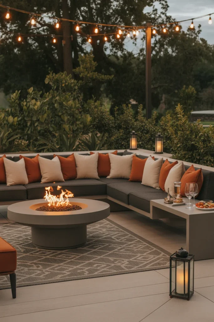 Outdoor sectional seating around backyard fire pit