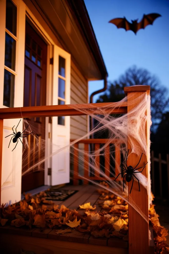 Drape Spiderwebs Along the Railing for an Easy Spooky Touch