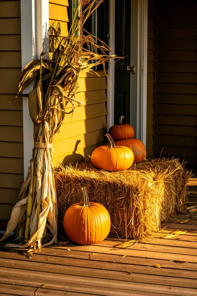 Stack Hay Bales and Corn Stalks for a Harvest Meets Halloween Entryway