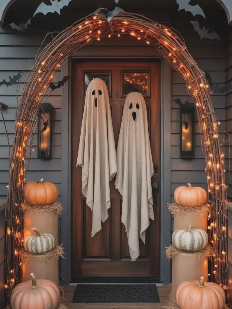 Wrap a Twig Arch in Lights Over a Pair of Hanging Ghosts