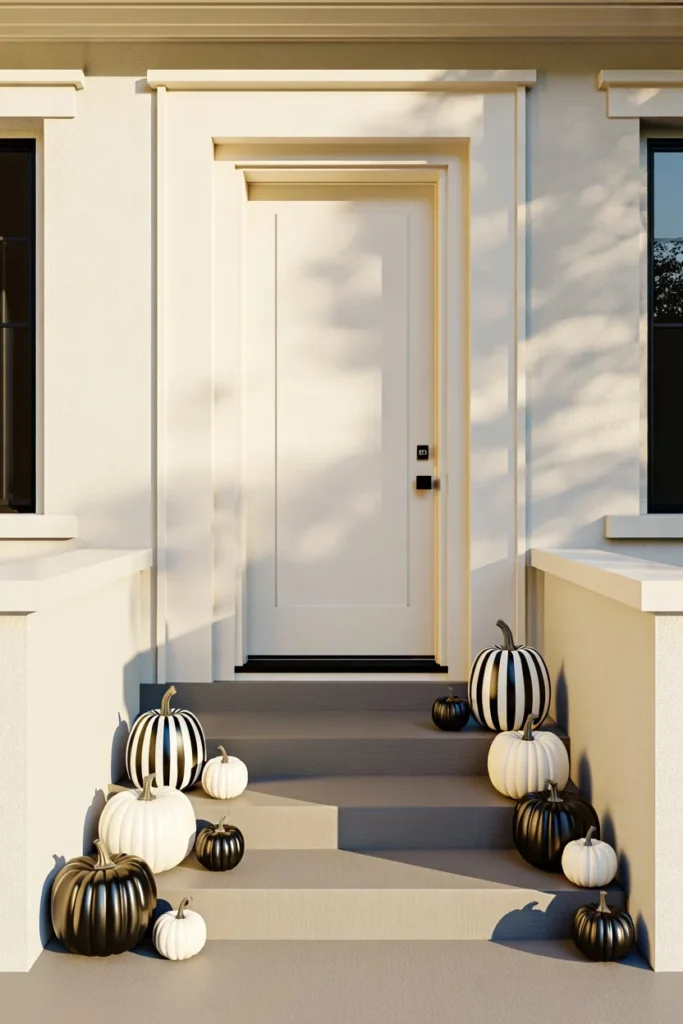 Try Black and White Striped Pumpkins for a Modern Graphic Porch